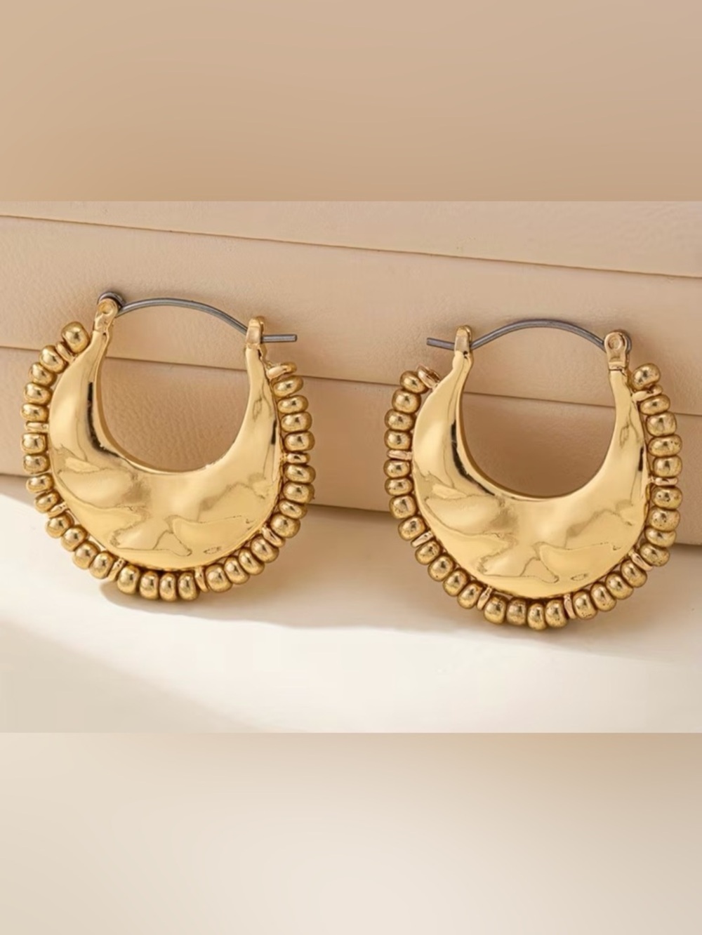 Gold Beaded Crescent Hoop Earrings — Women Jewelry